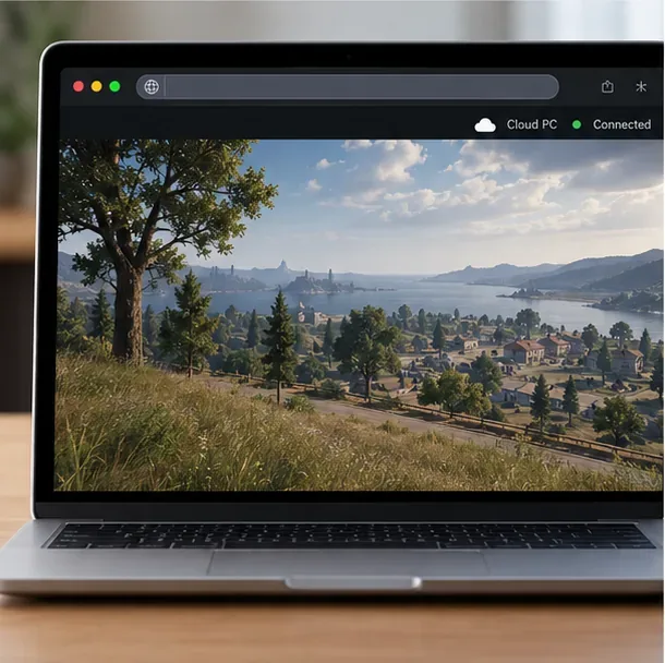 Navegador Mac exibindo uma transmissão genérica de um jogo de PC remoto na nuvem, com uma paisagem dentro da janela transmitida.