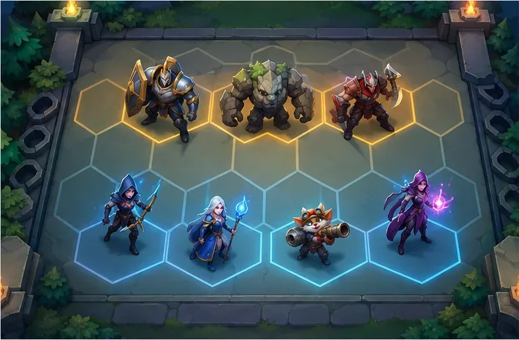 Um tabuleiro hexagonal de TFT com campeões de combate corpo a corpo resistentes na frente e causadores de dano à distância posicionados atrás deles.