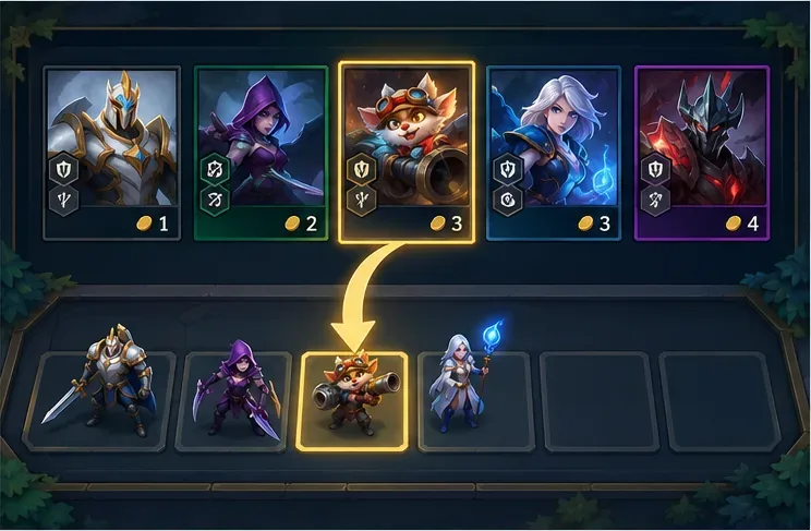 As cartas da loja TFT estão acima do banco, com um campeão selecionado para entrar no tabuleiro.