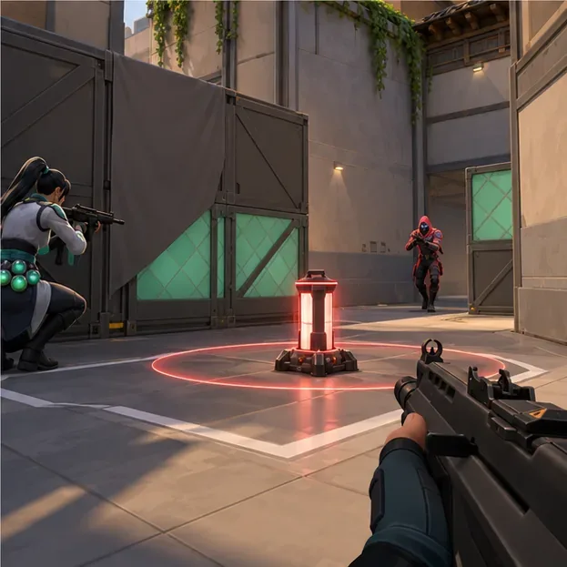 First-person retake scene with a glowing Spike-like device on site, a teammate holding one angle, and an opponent approaching
