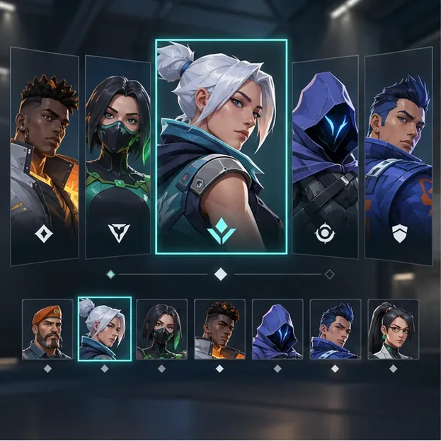 VALORANT-inspired Agent selection view with one character portrait highlighted among several portraits