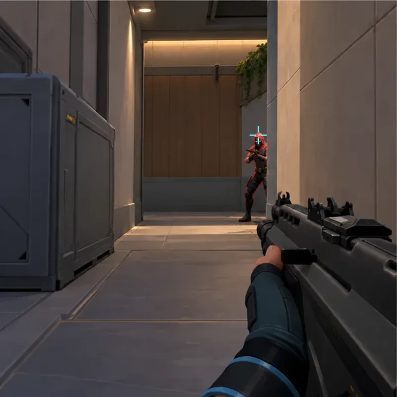 First-person tactical shooter practice scene with the cyan crosshair aligned at the head of an opponent stepping around a corridor corner