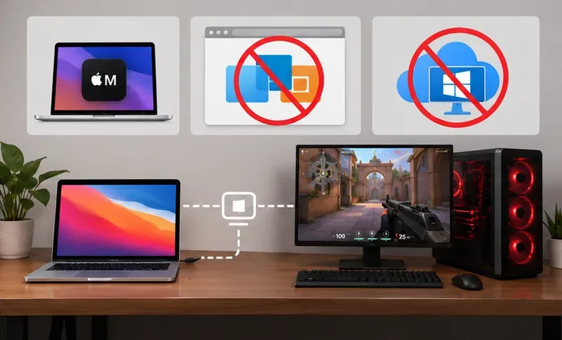 Apple silicon Mac beside crossed-out virtual and cloud options, with a separate Windows gaming PC