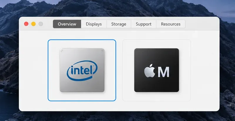 Illustrated Mac system overview comparing Intel and Apple silicon chips