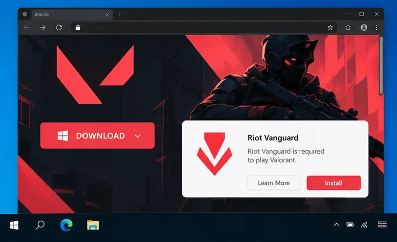Illustration of a Windows computer preparing Valorant and Riot Vanguard from the official download flow