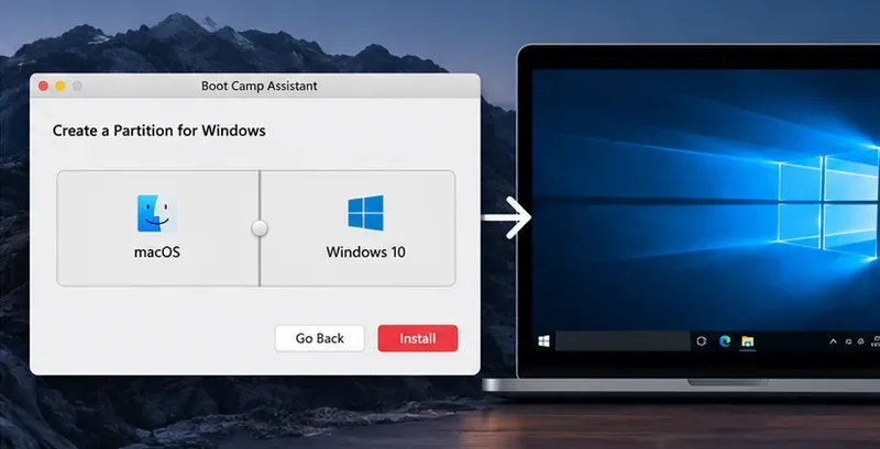 Illustrative Boot Camp partition setup alongside Windows 10 running on an Intel Mac
