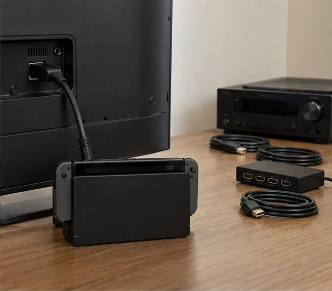 A dock connects directly to the back of a television while an AV receiver and HDMI switch sit disconnected nearby.