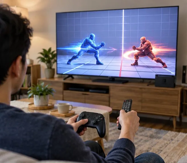 A player holds a controller and TV remote while a television shows a generic fighting-game training scene.