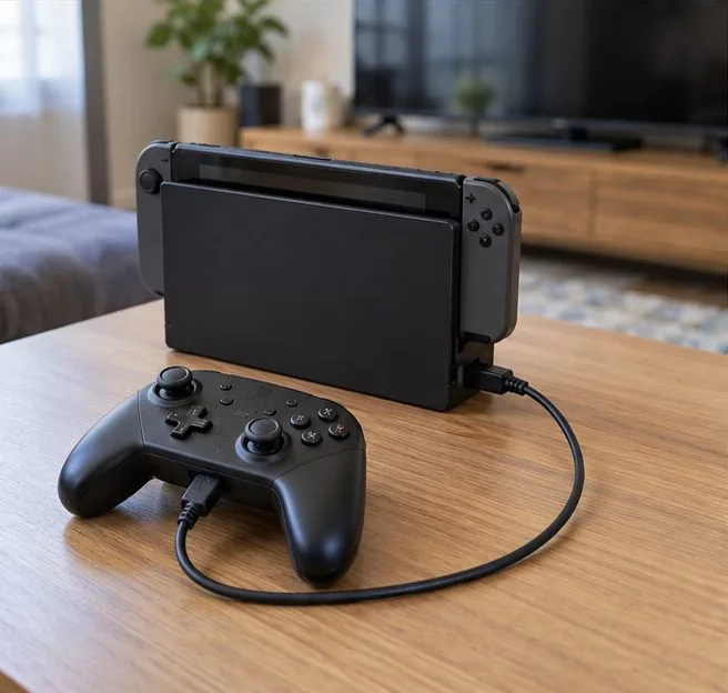 A Pro Controller is connected by USB cable to a docked Nintendo Switch setup for a wired-communication comparison.