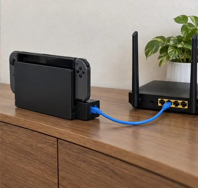 An Ethernet cable connects a docked Switch setup to a home router for online connection troubleshooting.