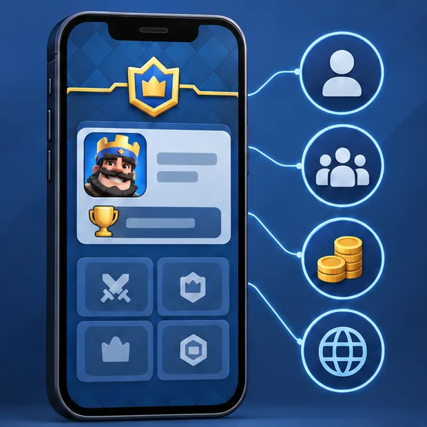 Illustrative player profile connected to separate account, group, purchase, and globe icons.