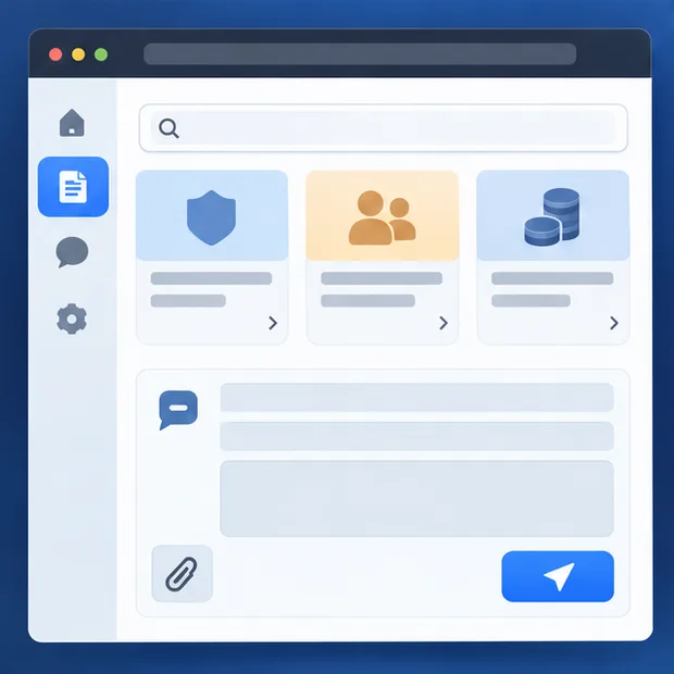 Illustrative desktop support portal with help cards and a message form area.
