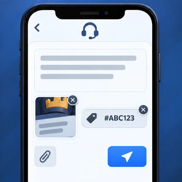 Illustrative mobile support message draft with an attachment preview and a separate Player Tag chip; no ticket is shown as sent.