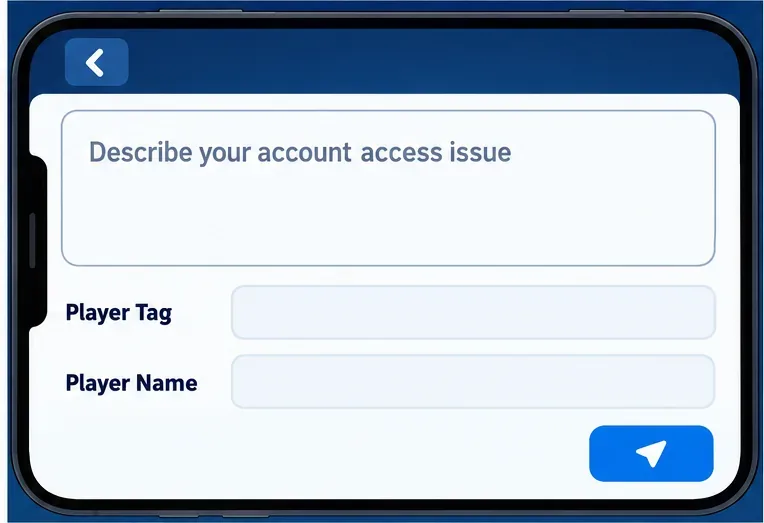 A sample support message form with a blank account-access description area and Player Tag and Player Name fields.