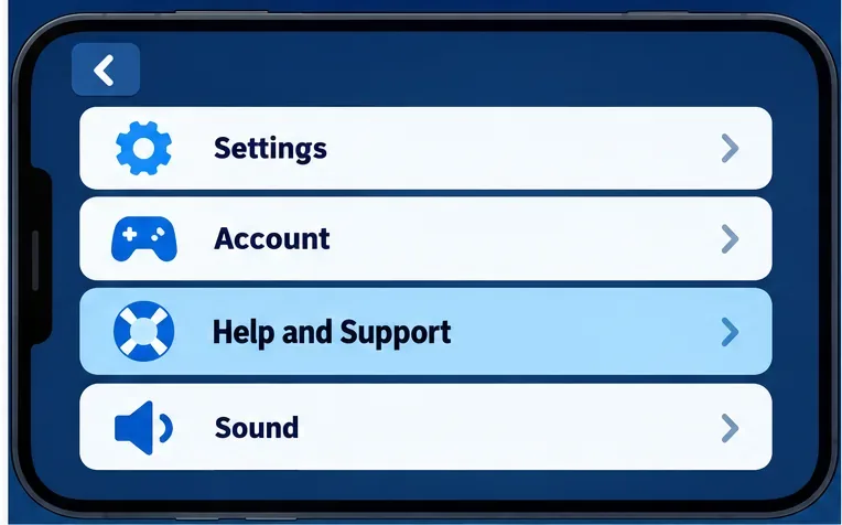 A game settings menu with Help and Support highlighted.