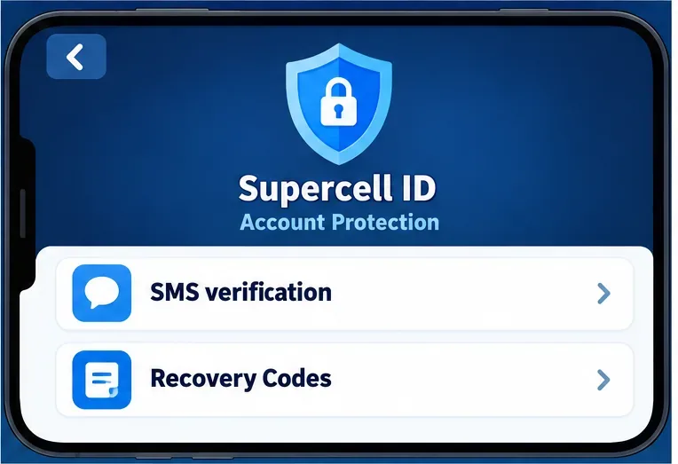 A Supercell ID Account Protection screen with SMS verification and Recovery Codes options.