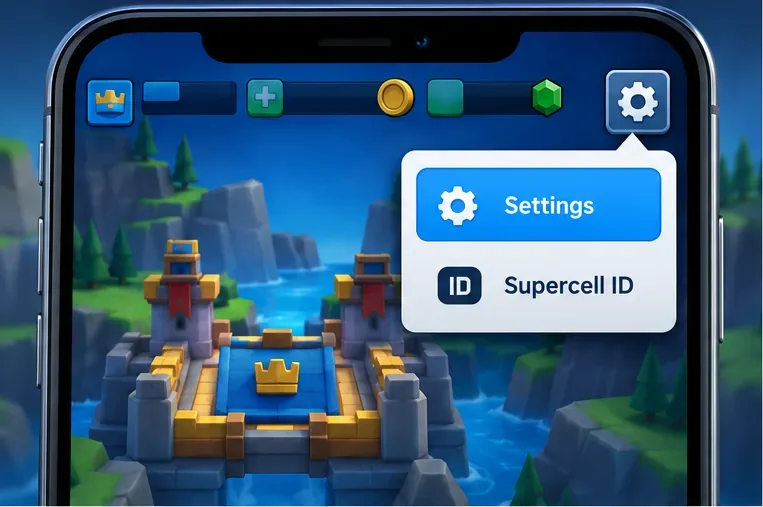 A Clash Royale-style game screen with the Settings gear and a menu listing Supercell ID.