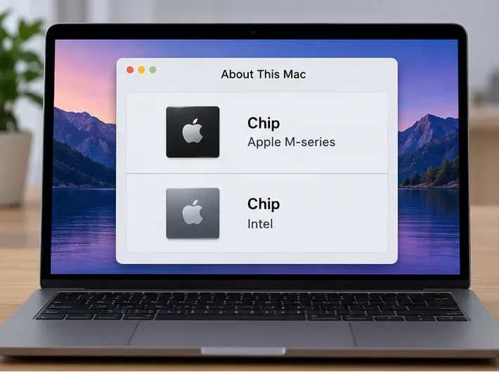 Tela do MacBook com um esquema da visualização "Sobre Este Mac" comparando os chips Apple Silicon e Intel.