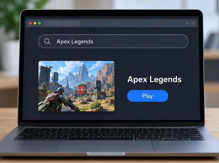 Biblioteca conceitual de jogos em nuvem em um MacBook, mostrando um resultado de pesquisa do Apex Legends e o botão Jogar.