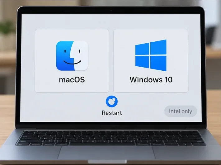 Diagrama esquemático da tela do MacBook mostrando opções separadas de inicialização do macOS e do Windows 10 com uma observação indicando que é apenas para processadores Intel.