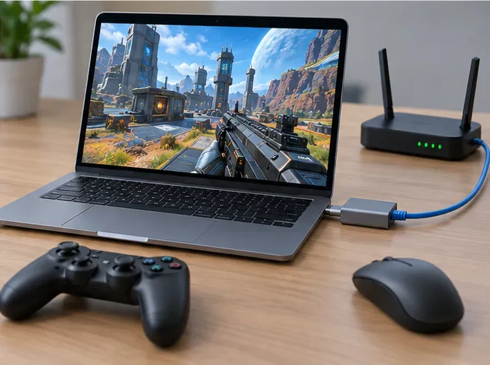 MacBook exibindo um conceito de gameplay de jogo de tiro transmitido ao vivo, ao lado de um adaptador de rede com fio, roteador, mouse e controle.