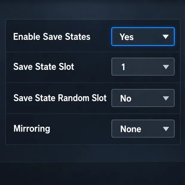Illustrative save-state settings panel showing Enable Save States Yes, slot 1, random slot No, and mirroring None
