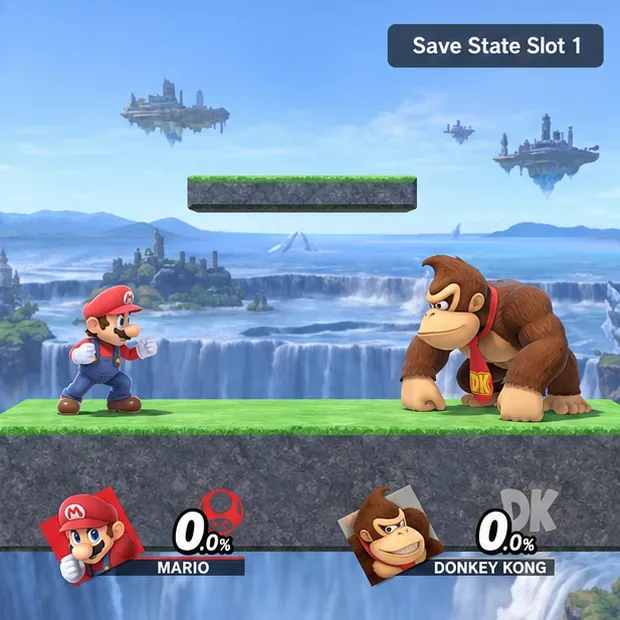 Illustrative training setup with Mario and Donkey Kong facing each other on a simple stage and a Save State Slot 1 indicator