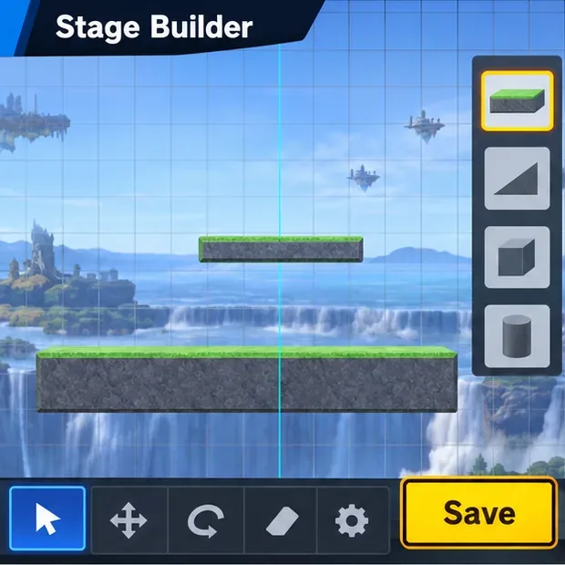 Illustrative Stage Builder panel showing a flat arena, one raised platform, and a highlighted Save control