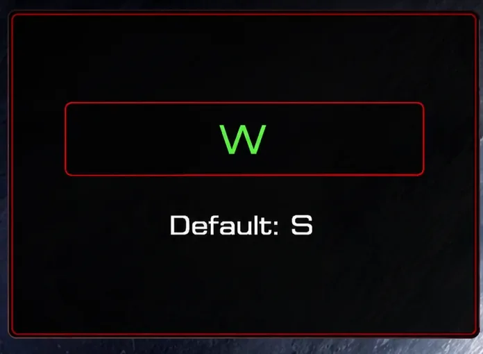 Green W in a dark key-binding field, with Default: S displayed underneath.