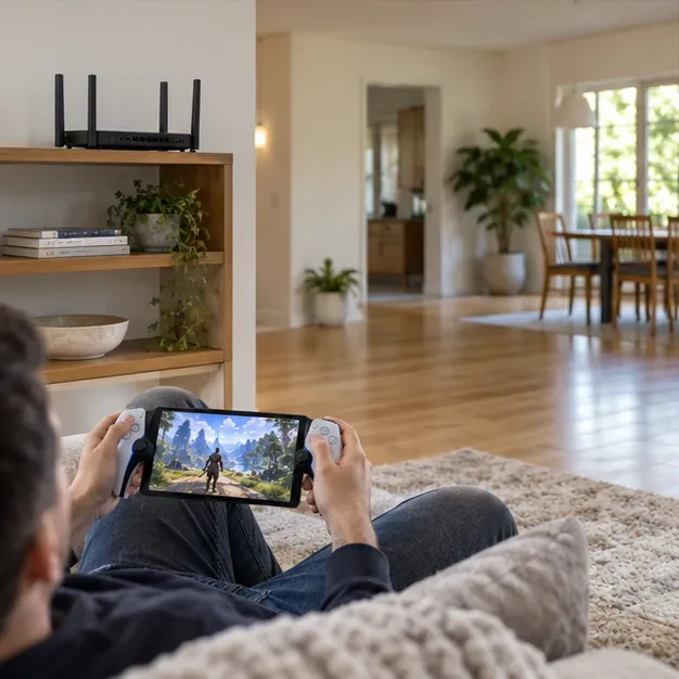A Wi-Fi router sits in an open elevated position, with a Portal player across the living room.
