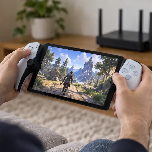 Close view of a player using a PlayStation Portal near a home Wi-Fi router.