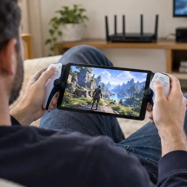 A player holds a PlayStation Portal with a Wi-Fi router visible nearby in the room.