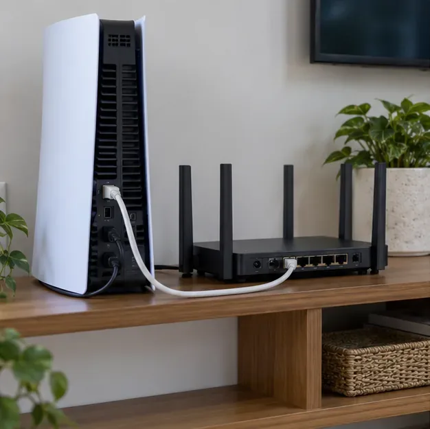 A PlayStation 5 console is connected to a home Wi-Fi router by an Ethernet cable.