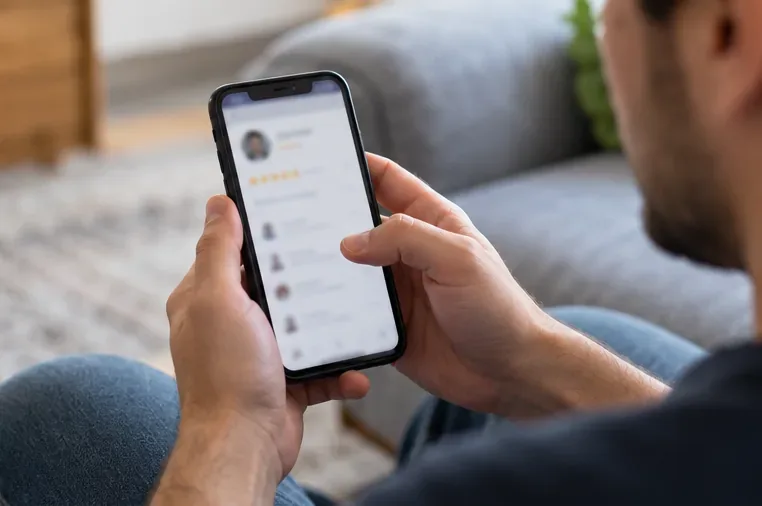 A shopper reads a marketplace seller profile and recent feedback on a phone.