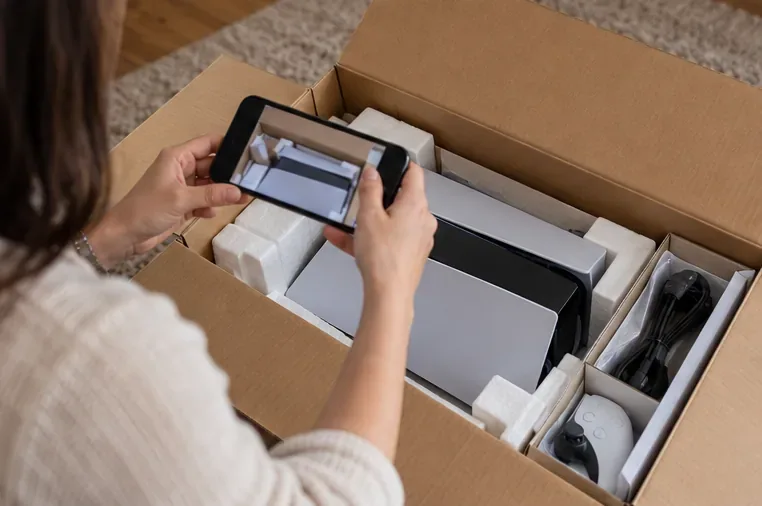 A buyer photographs a delivered console and its packaging while checking the contents.