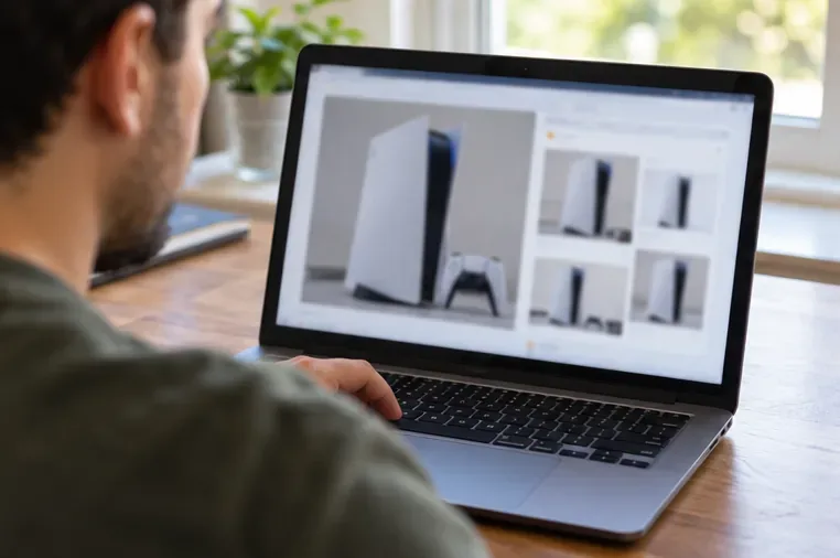 A buyer compares a console photo from a marketplace listing with similar images on a laptop.