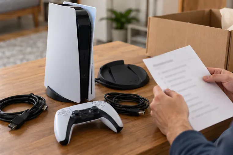 A PlayStation 5 console, controller, cables, and accessories are laid out beside a listing description.
