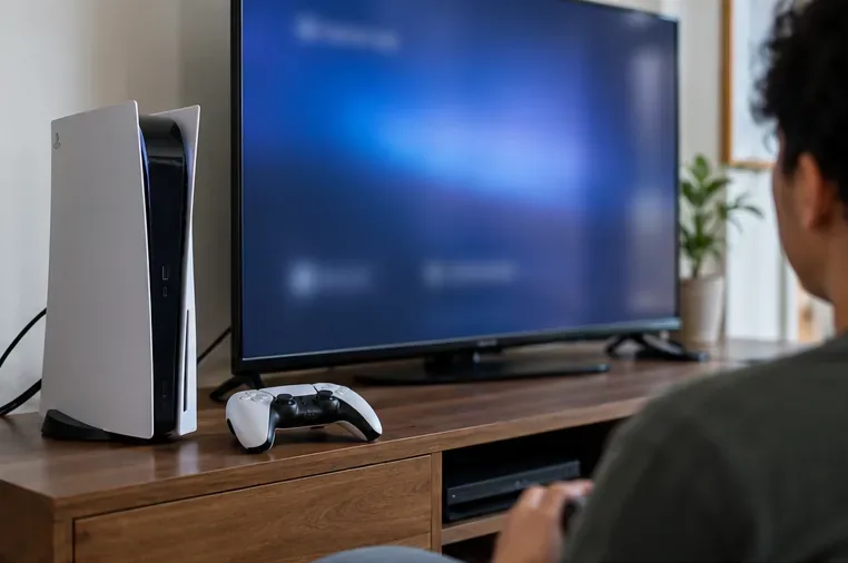 A PlayStation 5 and controller are connected to a television during a basic power-on inspection.