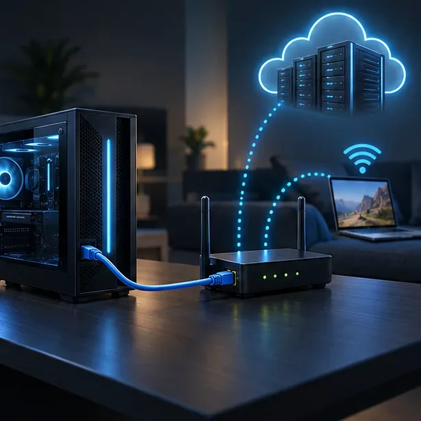 Um PC gamer conectado diretamente ao roteador por Ethernet, enquanto um laptop separado transmite conteúdo via Wi-Fi.
