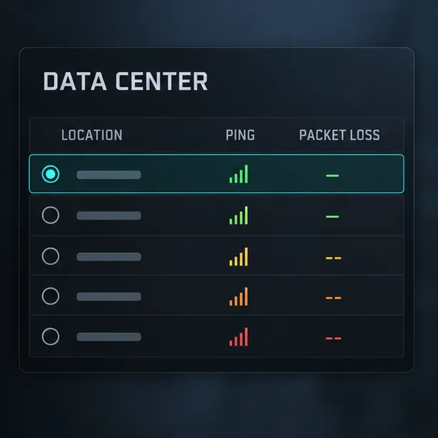 Seletor ilustrativo de data center mostrando opções de servidores próximos, juntamente com colunas de ping e perda de pacotes.
