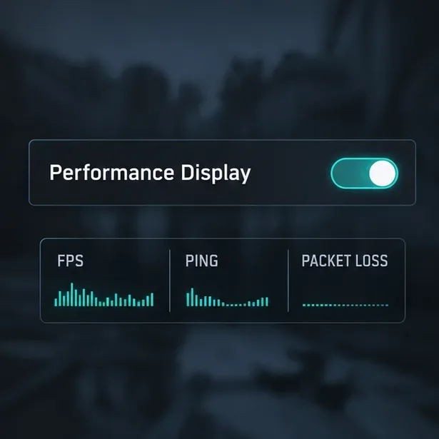 Simulação ilustrativa das configurações do jogo com a Exibição de Desempenho ativada e leituras de FPS, ping e perda de pacotes.