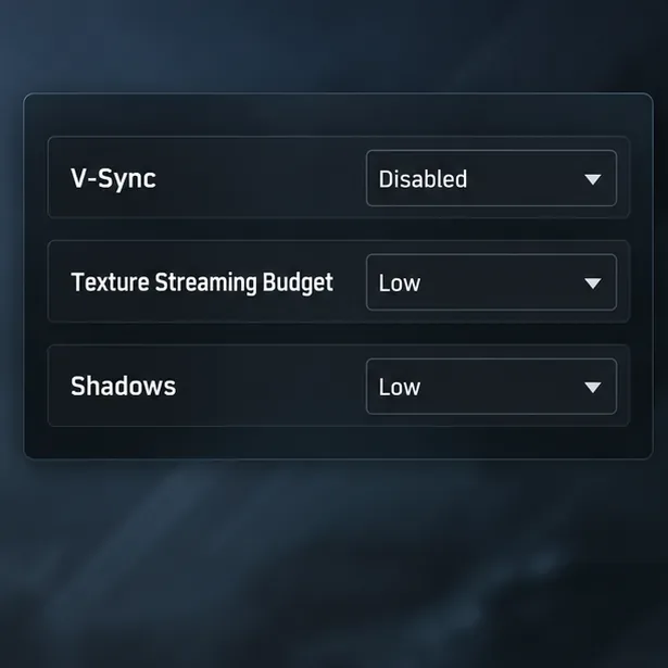 Painel ilustrativo de configurações de vídeo para PC com V-Sync desativado, orçamento de streaming de textura baixo e sombras baixas.