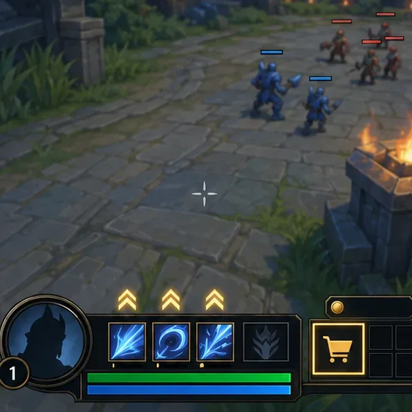Conceptuele MOBA-game-HUD met indicatoren voor vaardigheidsupgrades en een gemarkeerd icoon voor de itemshop.