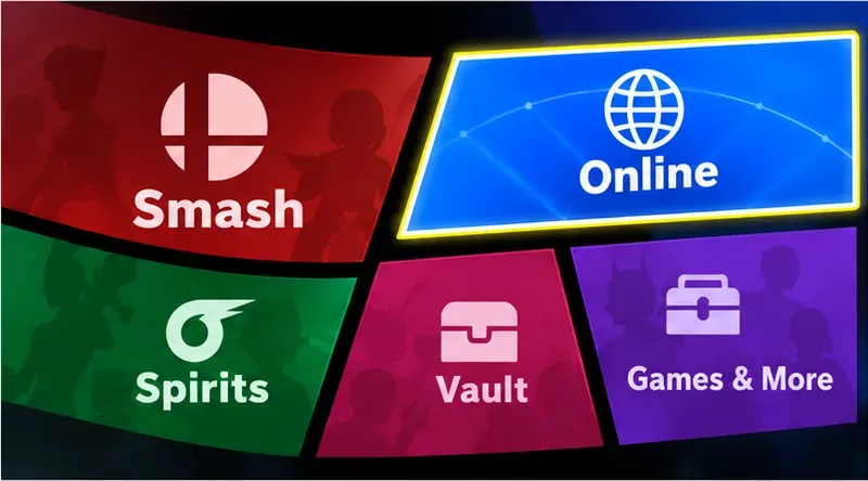 Super Smash Bros. Ultimate main menu illustration with the blue Online tile highlighted beside Smash, Spirits, Vault, and Games & More.