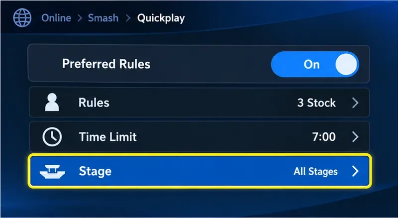 Illustrative Quickplay Preferred Rules screen with the toggle on and the Stage row highlighted, currently showing All Stages.