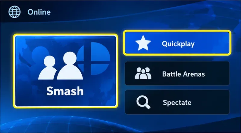 Illustrative online menu with Smash selected and Quickplay highlighted above Battle Arenas and Spectate.