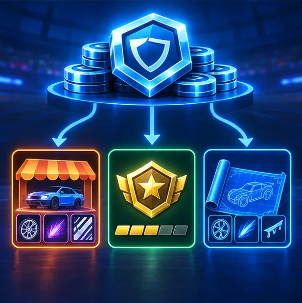 Een Credits-portemonnee vertakt zich in drie pictogrammen die een in-game winkel, een premium seizoenspas en een bouwplan (Blueprint) vertegenwoordigen.