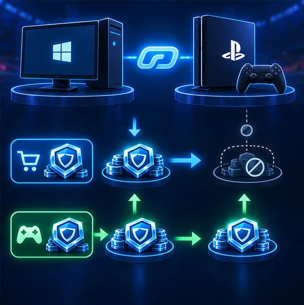 Een gekoppeld diagram voor pc en console scheidt de gekochte credits op het ene platform van de Rocket Pass-credits die op beide gekoppelde platforms worden gedeeld.