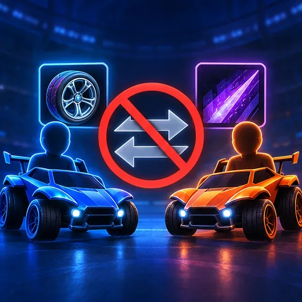 Twee auto's in Rocket League-stijl staan ​​tegenover elkaar met een doorgestreept ruilsymbool, wat aangeeft dat handelen tussen spelers niet mogelijk is.