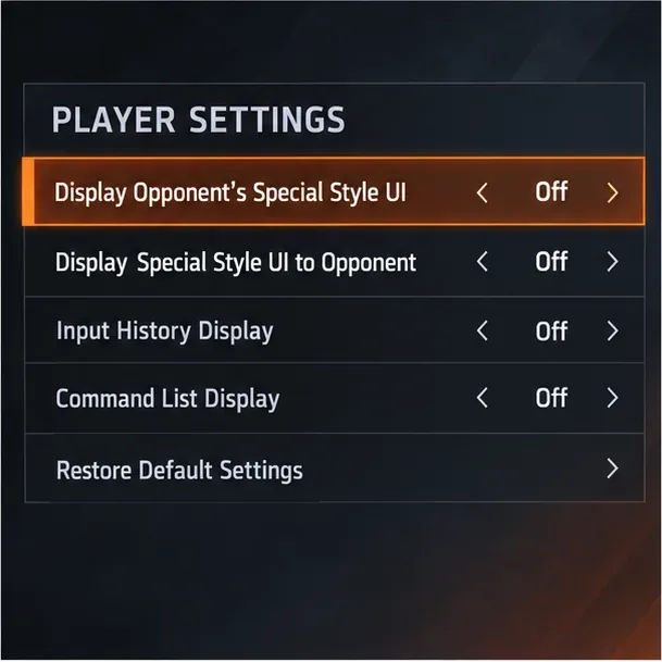 Illustrative Player Settings menu with Display Opponent’s Special Style UI set to Off and its row highlighted.